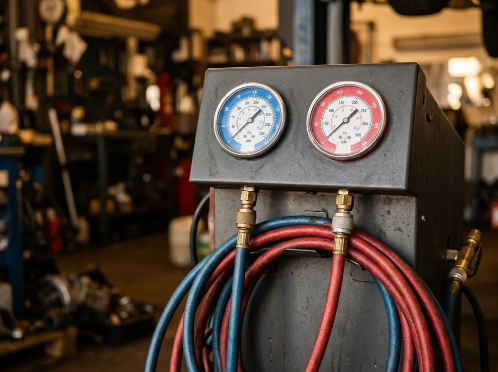 Manometers en slangen van een airco-servicestation in de werkplaats