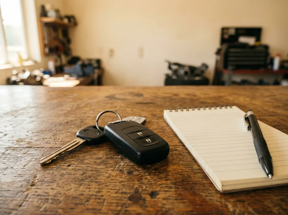 Autosleutels en een blocnote op de houten balie van de garage
