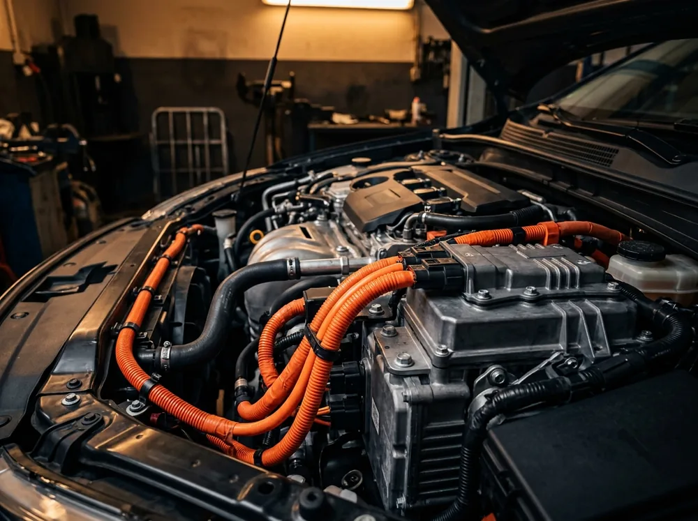 Oranje hoogspanningskabels in het motorcompartiment van een hybride auto