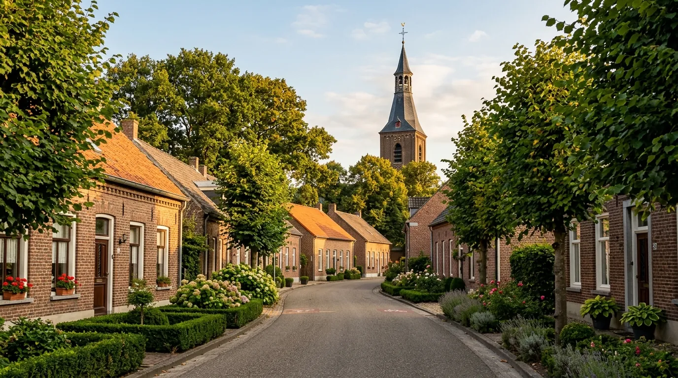 Een rustige dorpsstraat in Limburg in het late middaglicht, met bakstenen huizen en een kerktoren op de achtergrond